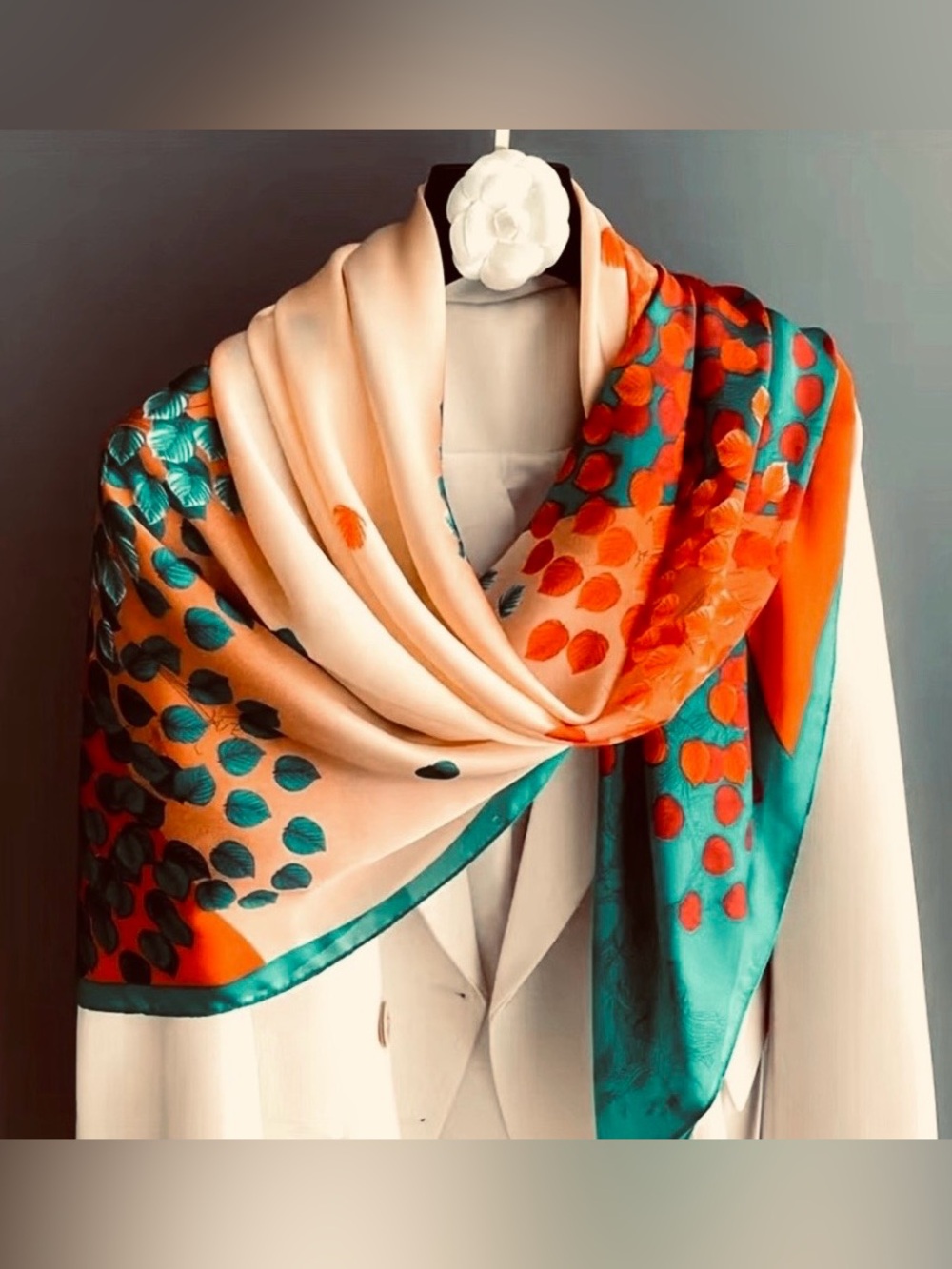 Beautiful Silk-Like Satin Printed Square Scarf in Aqua Green and Orange